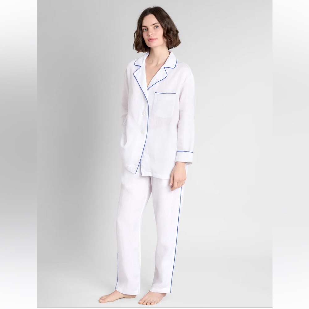Sleepy Jones White Pajama Set with Blue Trim